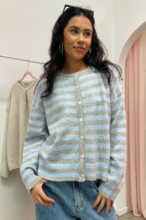 Mixed Signals Light Blue and Grey Stripe Button Up Cardigan