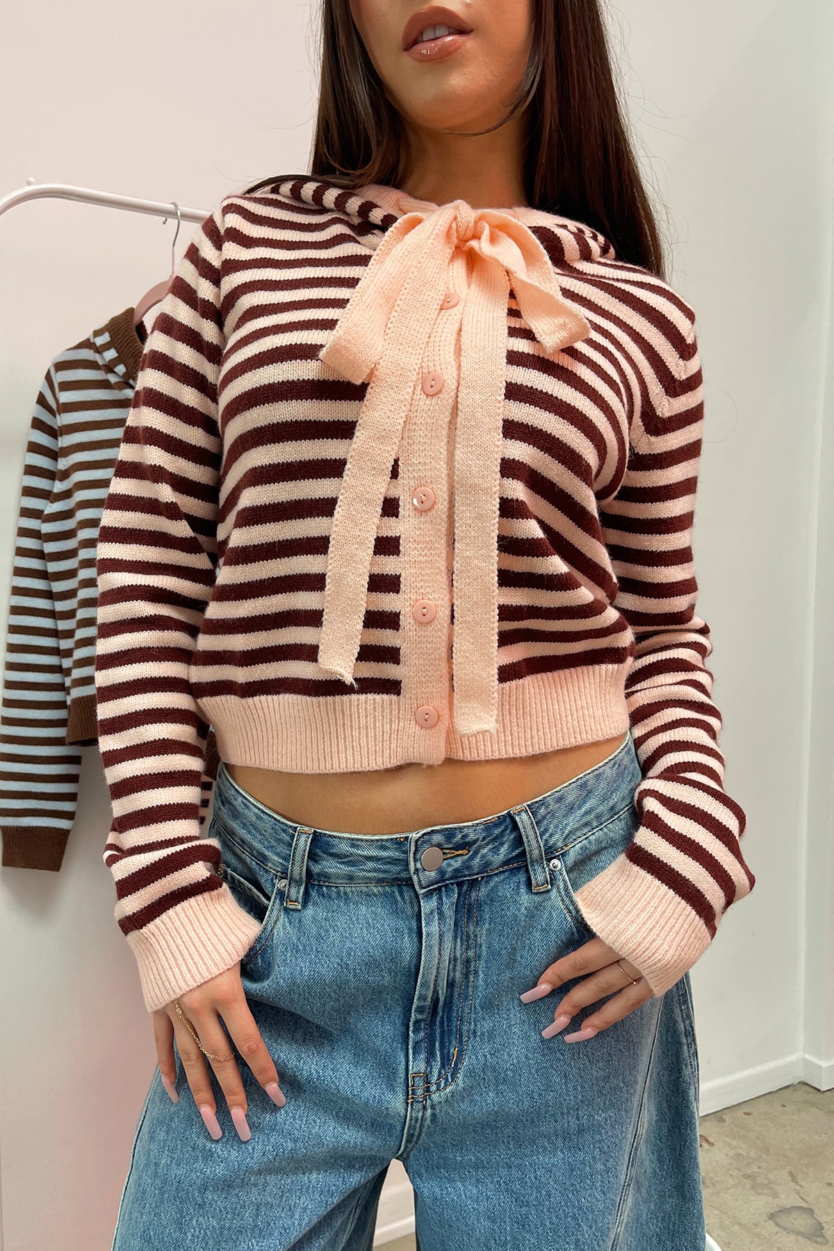 Kaile Pink and Burgundy Stripe Button Up Hoodie - Image 2