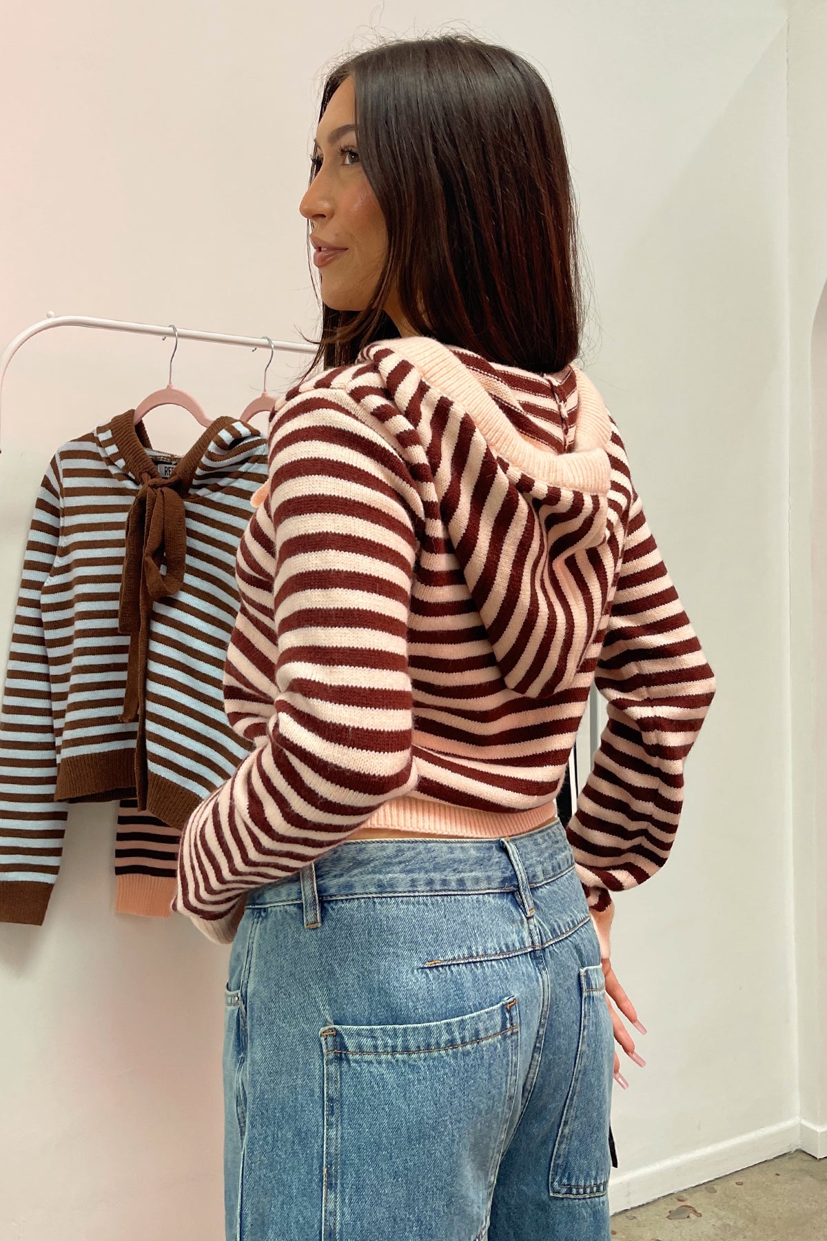 Kaile Pink and Burgundy Stripe Button Up Hoodie - Image 6