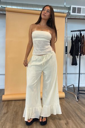 Clover Cream Cotton Ruffle Wide Leg Pants