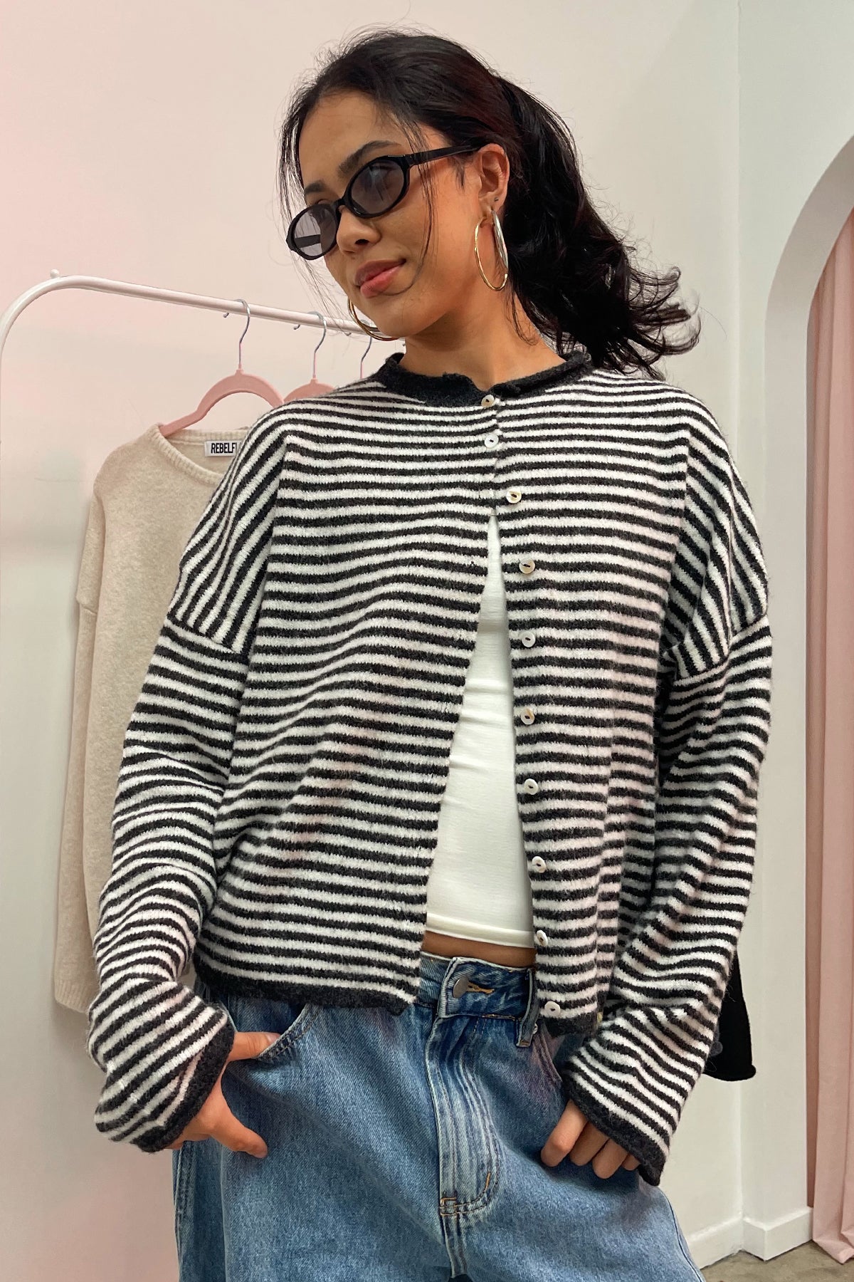 Blythe Charcoal Stripe Button Up Cardigan - Image 3