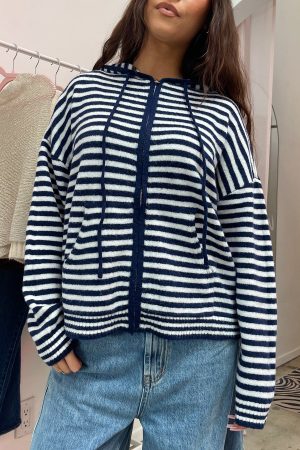 Do Not Disturb Navy and White Stripe Zip Up Hoodie