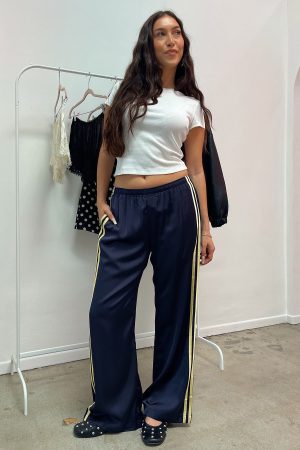 Playing Field Navy with Yellow Side Stripe Satin Pants