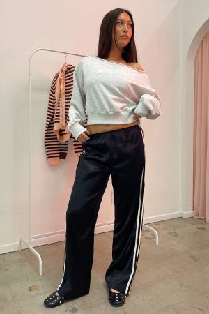 Warm Up Black with Cream Side Stripe Satin Pants