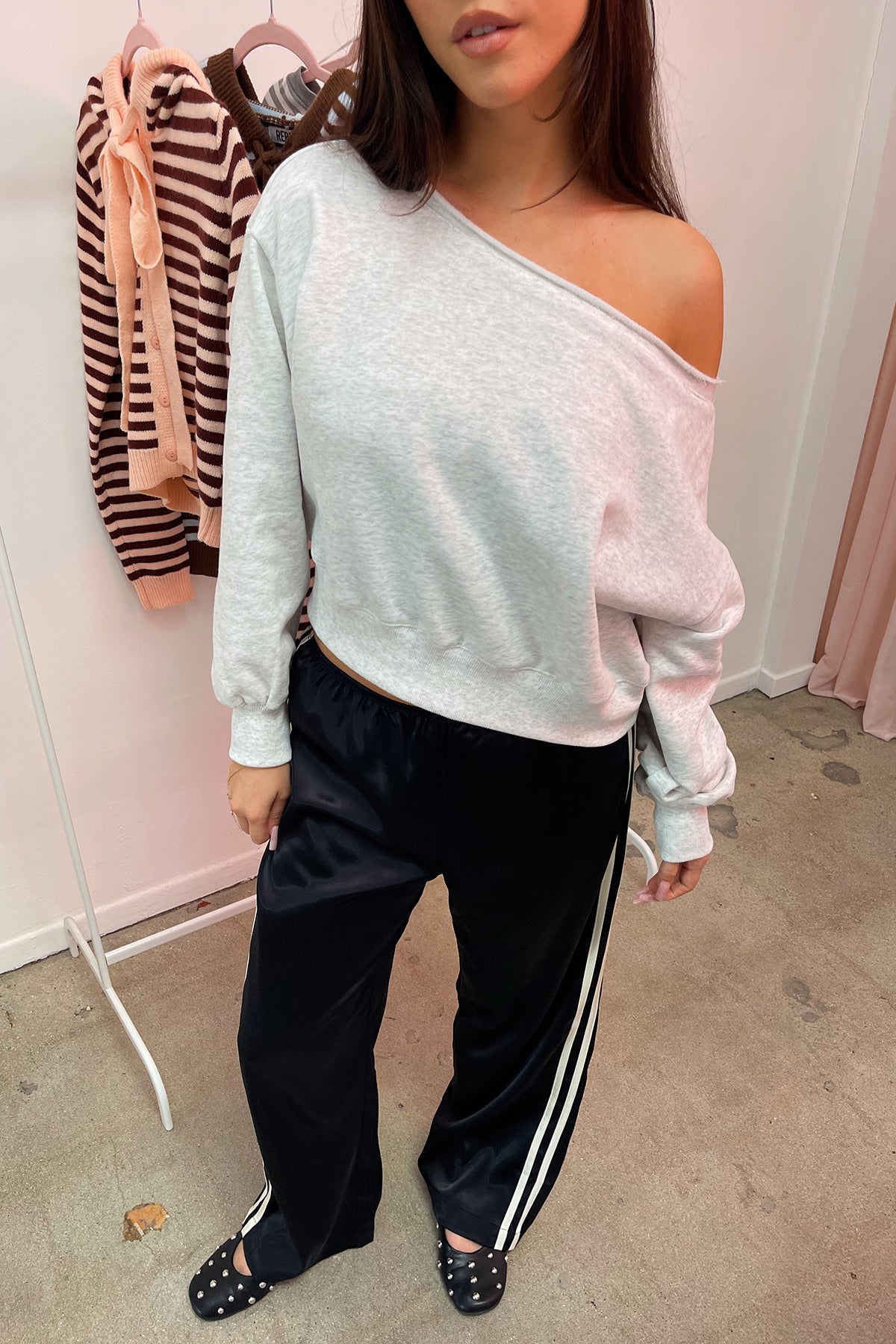 Warm Up Black with Cream Side Stripe Satin Pants - Image 2